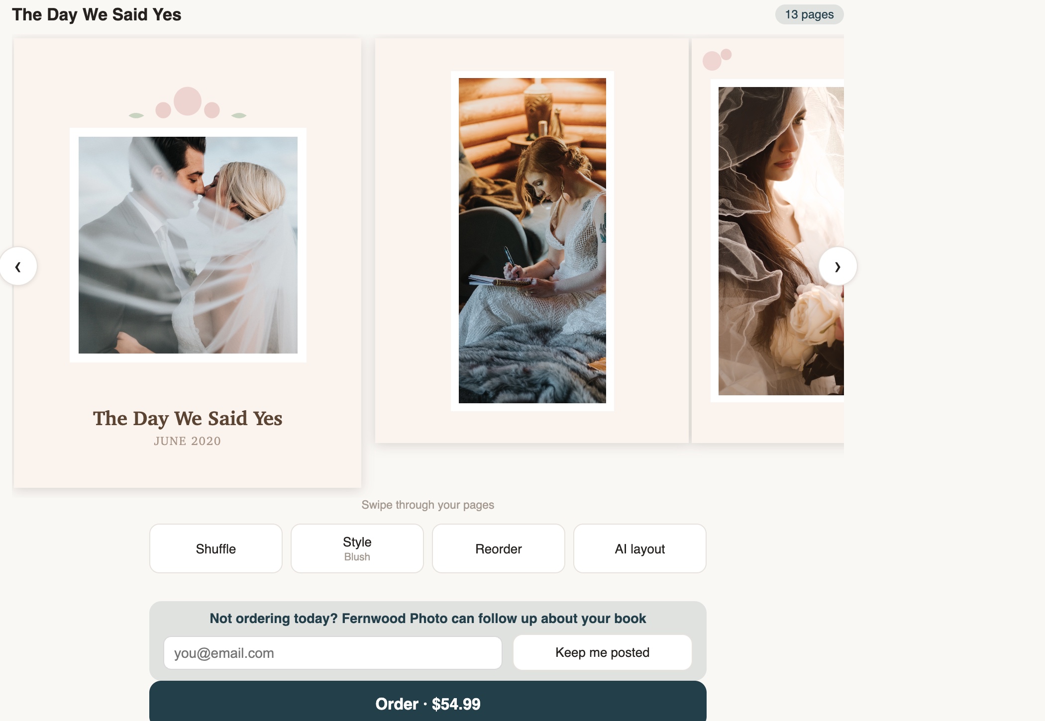 A finished photo book in the storefront: a titled wedding cover and laid-out pages, with Shuffle, Style, Reorder, and AI layout controls and an Order button