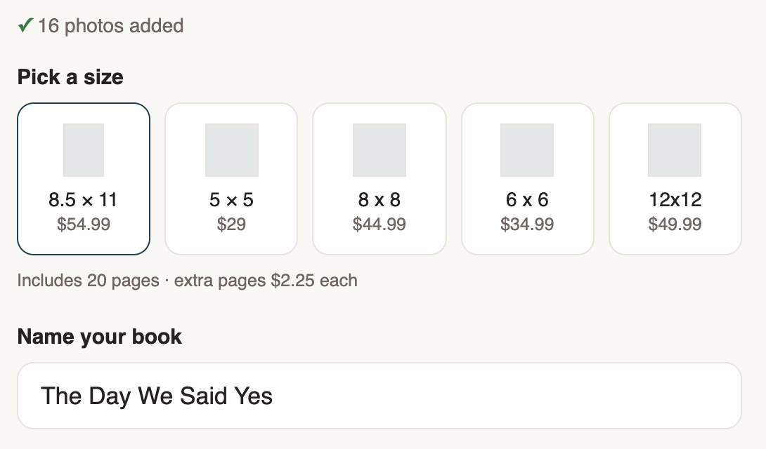 The size picker showing five book sizes with prices, 20 pages included and a per-extra-page price