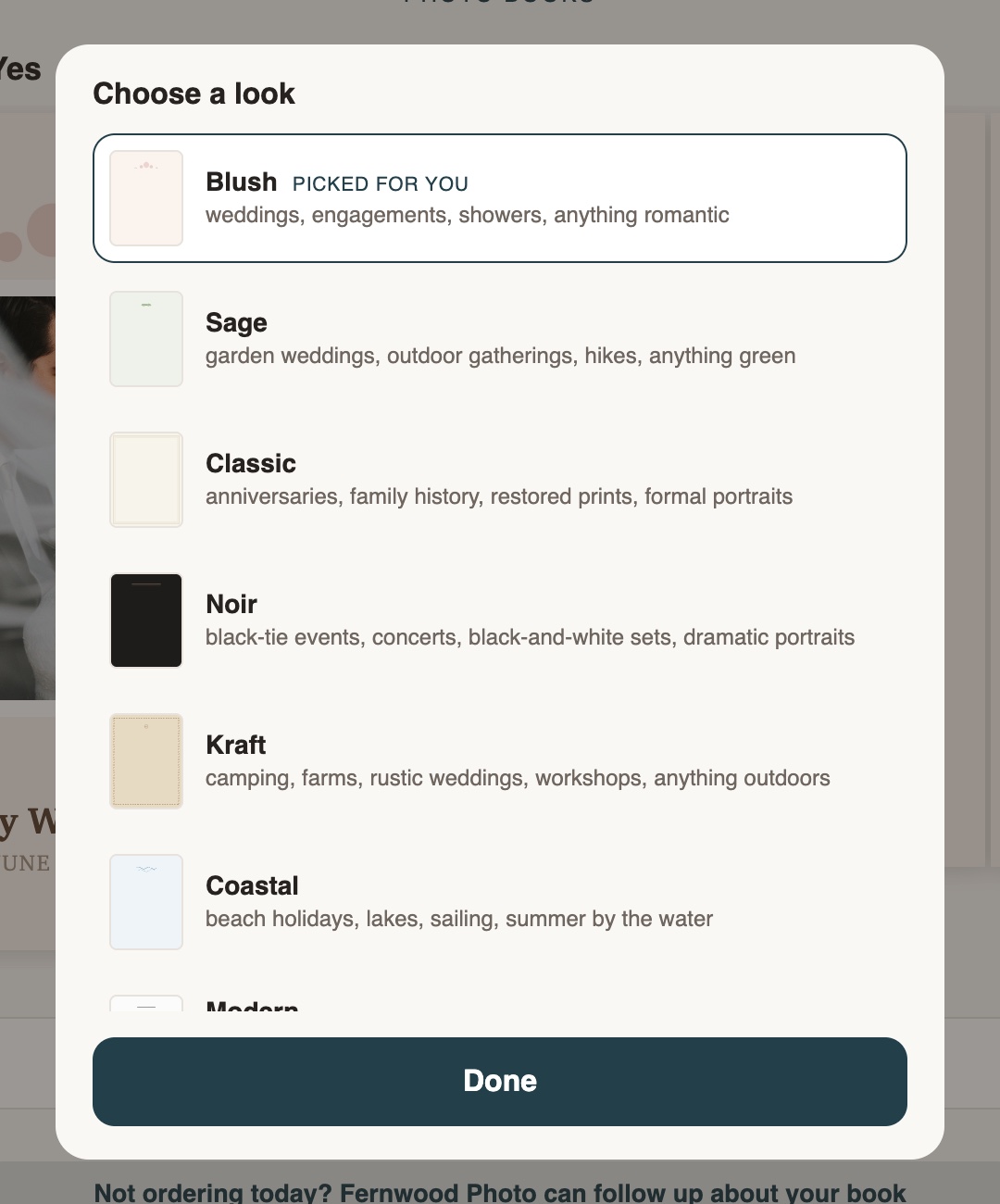 The Choose a look picker with the Blush collection tagged Picked for you, above Sage, Classic, Noir, Kraft, and Coastal collections