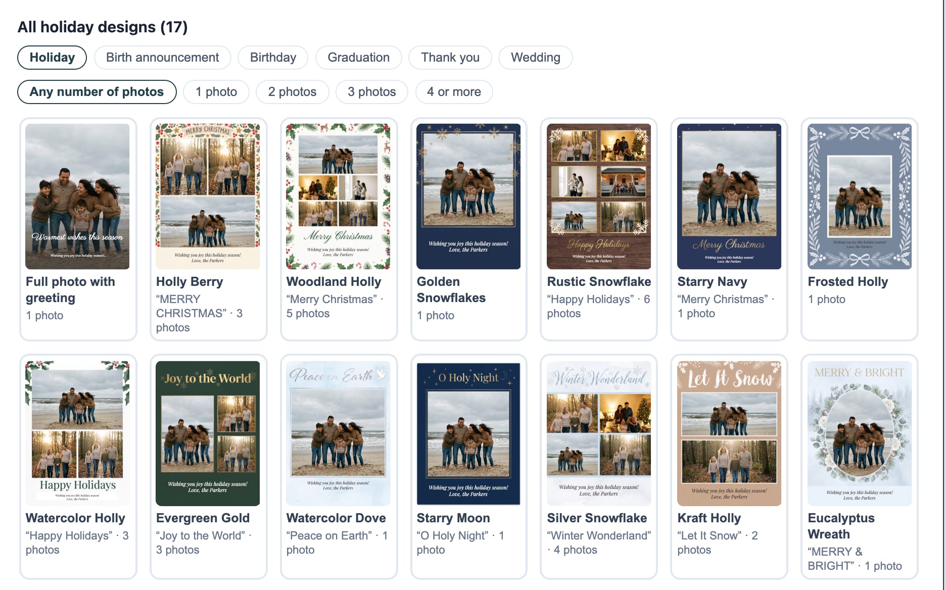 All holiday designs in step three of an order, filtered by number of photos, each of seventeen designs already showing the customer&rsquo;s own family photos