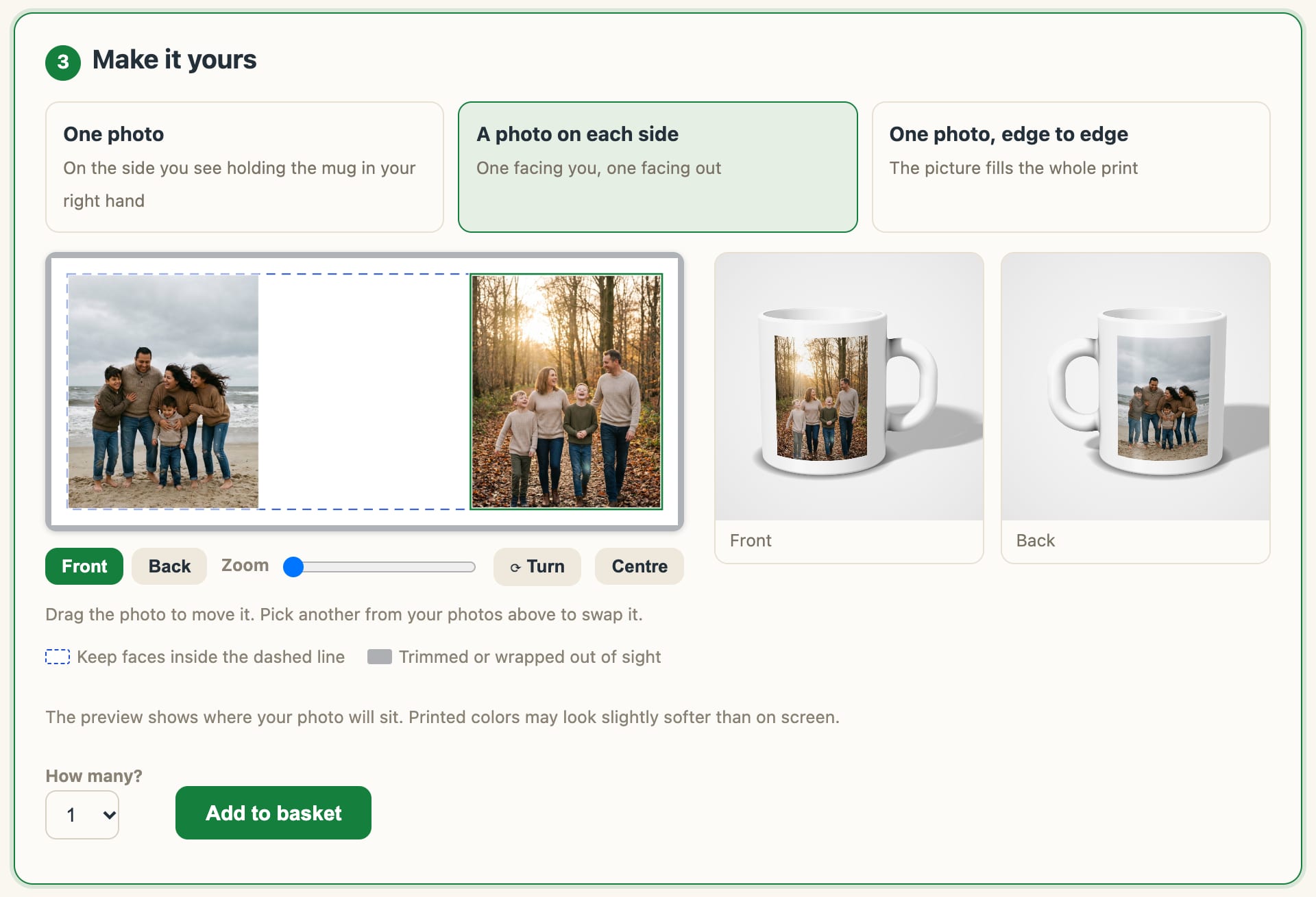 The design step: three layout choices with 'A photo on each side' selected, the flat print with a beach photo at the left and a woodland photo at the right inside a dashed safe-margin line, zoom and turn controls, and beside it the mug drawn from the front and from the back with those photos on it