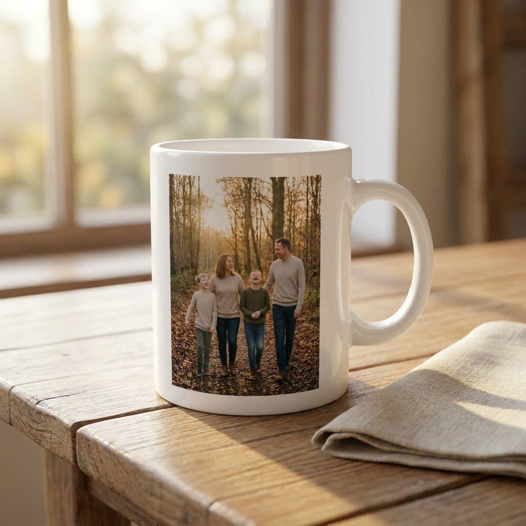 A white mug on a wooden kitchen table by a window, with a photo of a family walking through autumn woods printed on the side facing the camera, handle to the right