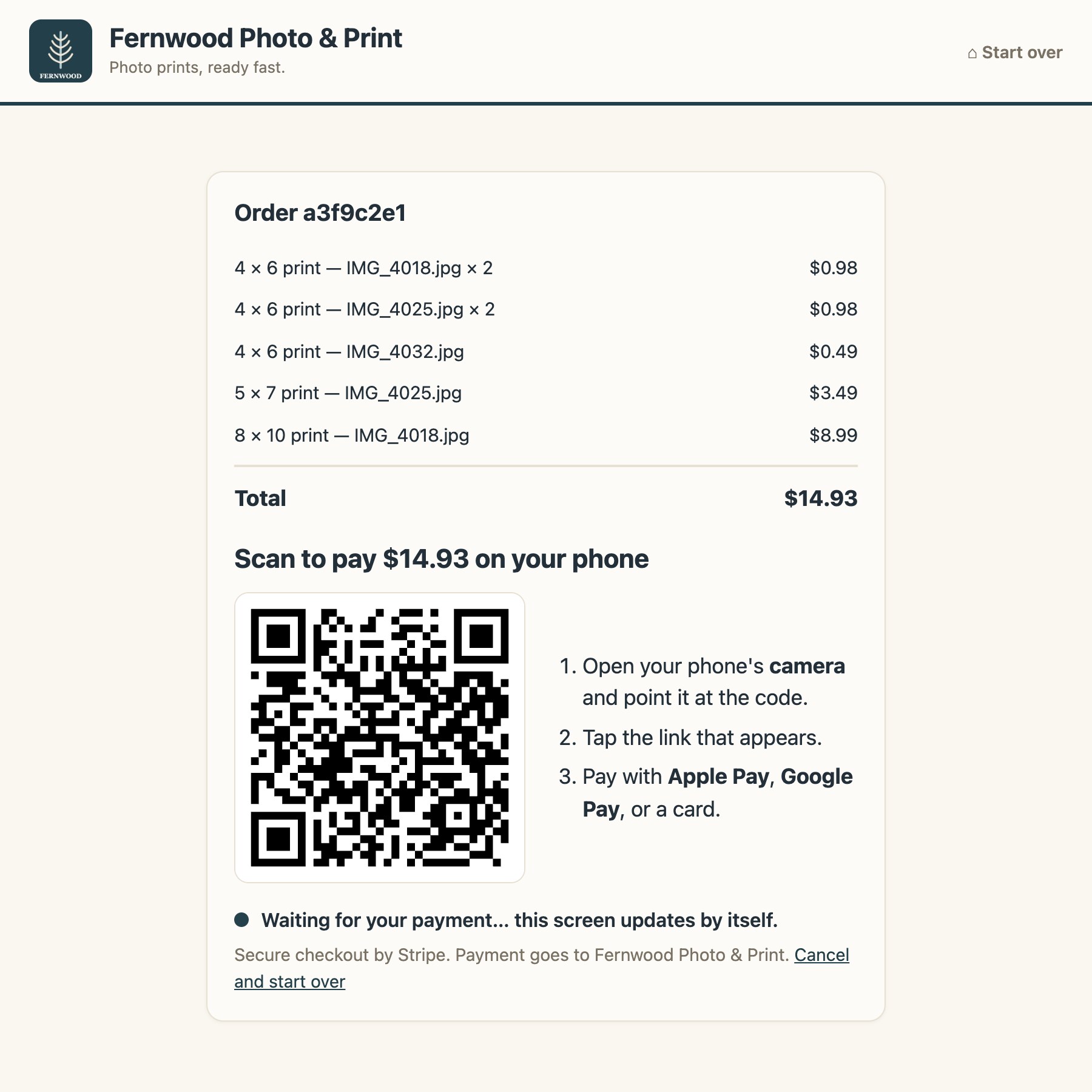 The kiosk order page: five print lines totalling $14.93, then Scan to pay $14.93 on your phone with a large QR code, three steps, and Waiting for your payment