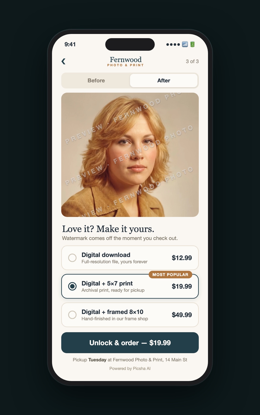 Picsha Retouch checkout offering a digital download, prints, and framing with in-store pickup